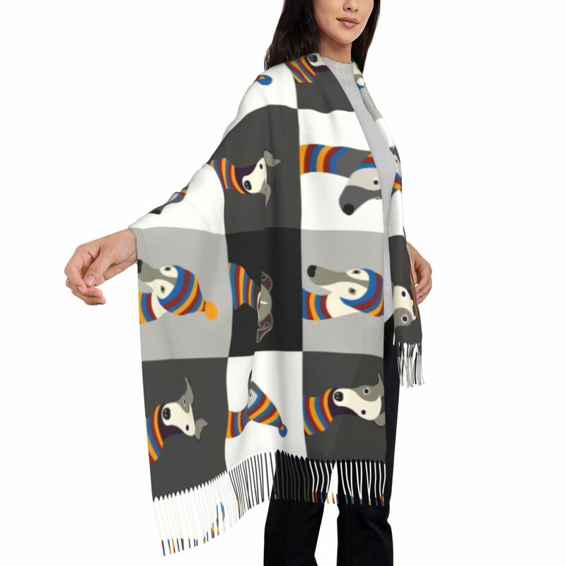 Funny Cartoon Greyhound Whippet Dog Tassel Scarf Women Soft Sighthound Hound Shawl Wrap Female Winter Scarves