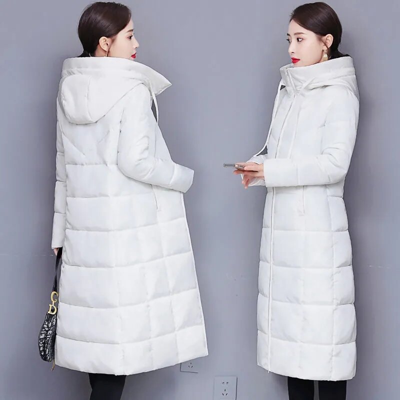 Abrigos largos de plumón para mujer, chaqueta cálida de algodón con capucha, Parka ajustada para la nieve, prendas de vestir coreanas de gran tamaño, invierno, 2023