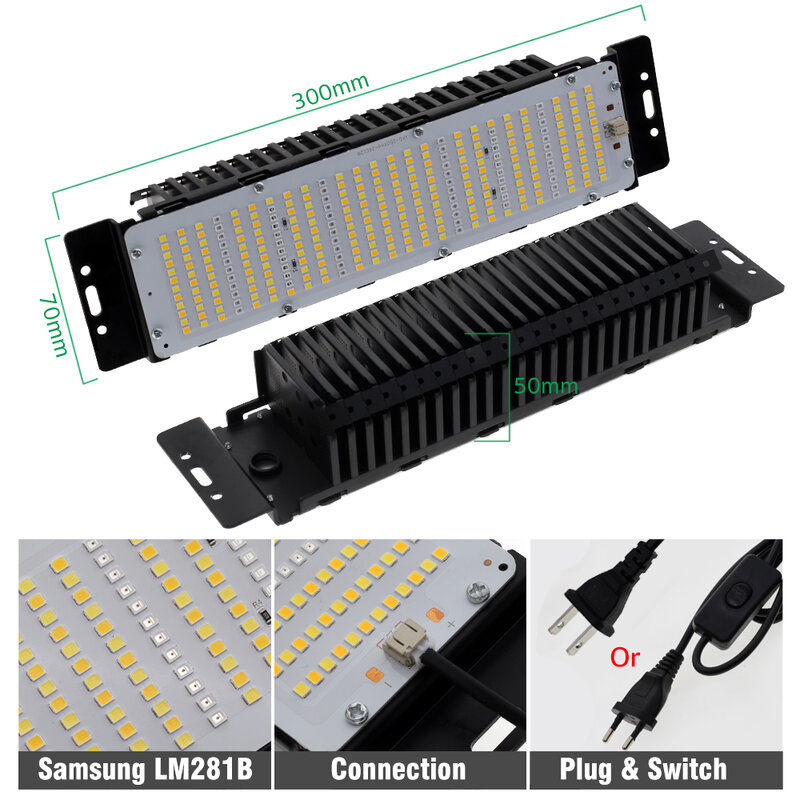 LED Grow Light com Adaptador, Espectro Completo, 85-265V, 50W, Samsung IM281B, Phytolamp para Plantas, Tenda, Estufa, LED Growing Lamp