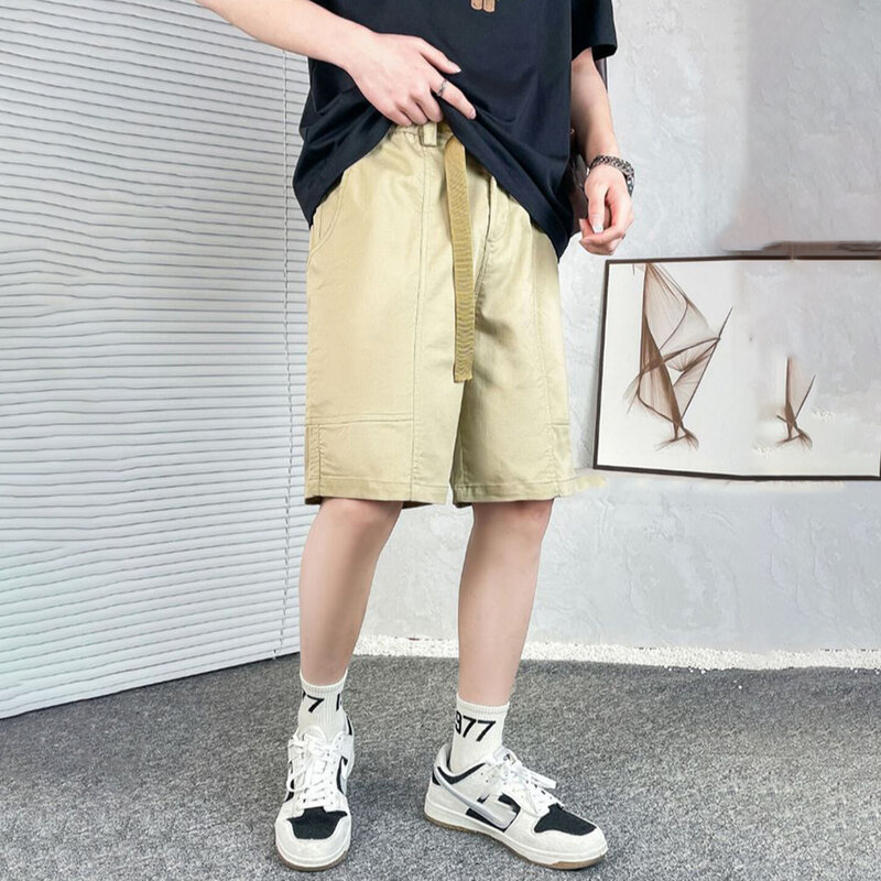 Celana overall kasual pria, celana Hiphop Amerika olahraga jalanan lurus longgar warna Solid mode musim panas