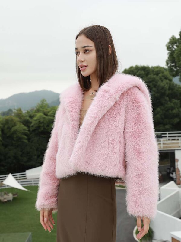 Jaqueta de pele curta imitação feminina, jaqueta emagrecedora, roupa elegante, estilo rosa, todos os tamanhos, nova, inverno