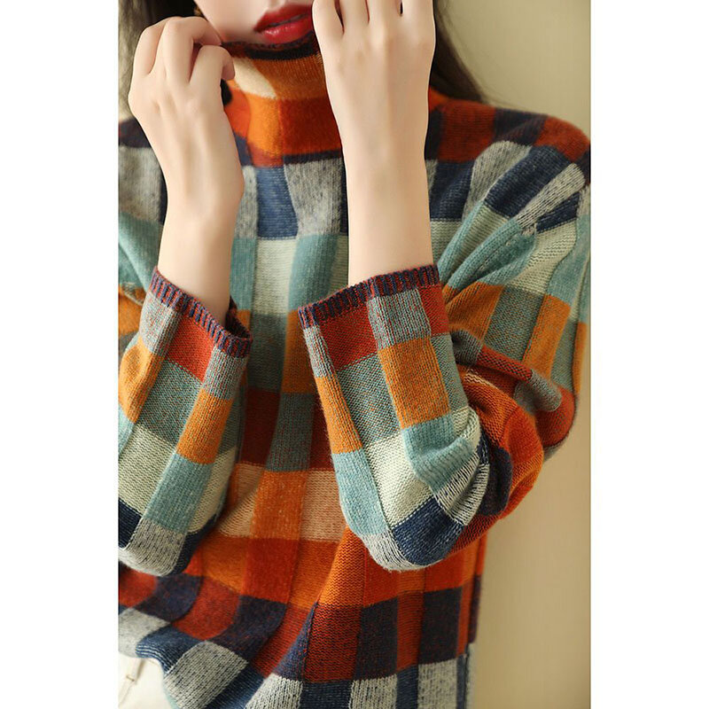 Frauen Kleidung Herbst Neue Casual Pullover Alle-spiel Warm Tops Stilvolle Rollkragen Gestrickte Verstärktes Lose Gitter Koreanischen Pullover