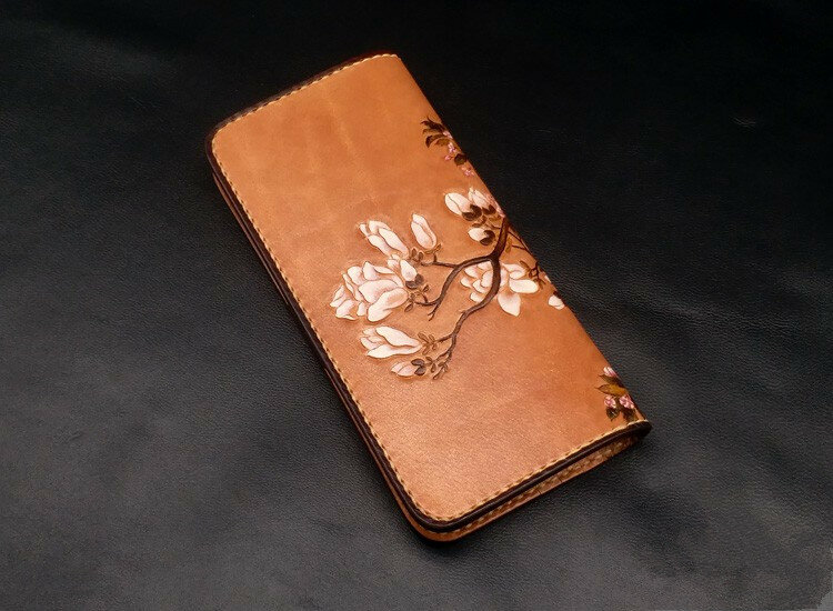 Handmade Women Genuine Leather Magnolia Wallets Flower Purses Long Clutch Vegetable Tanned Leather Wallet Card Holder