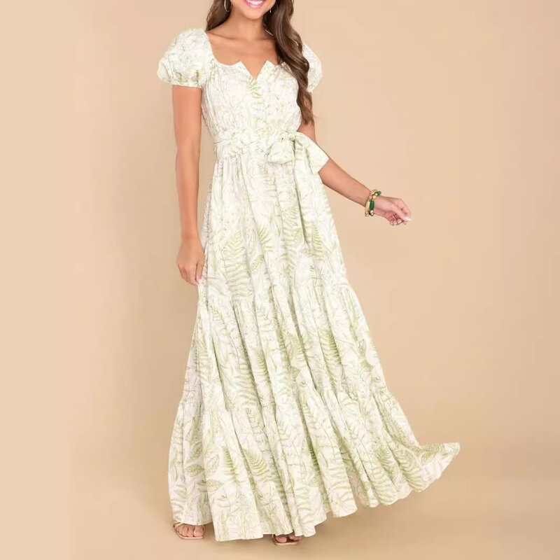 Новое поступление весна-лето 2024: длинное платье с цветочным принтом, рукавом-пузырьком, завязкой на талии и карманами-Женский Элегантный комплект