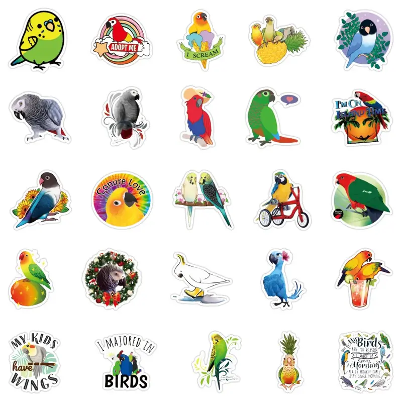 Etiqueta personalizada dos desenhos animados do papagaio, etiqueta bonito do pássaro, brinquedo da bagagem, copo da água, portátil, presente do iPad, decoração do caderno, atacado, 10 Pcs, 30 Pcs, 50Pcs