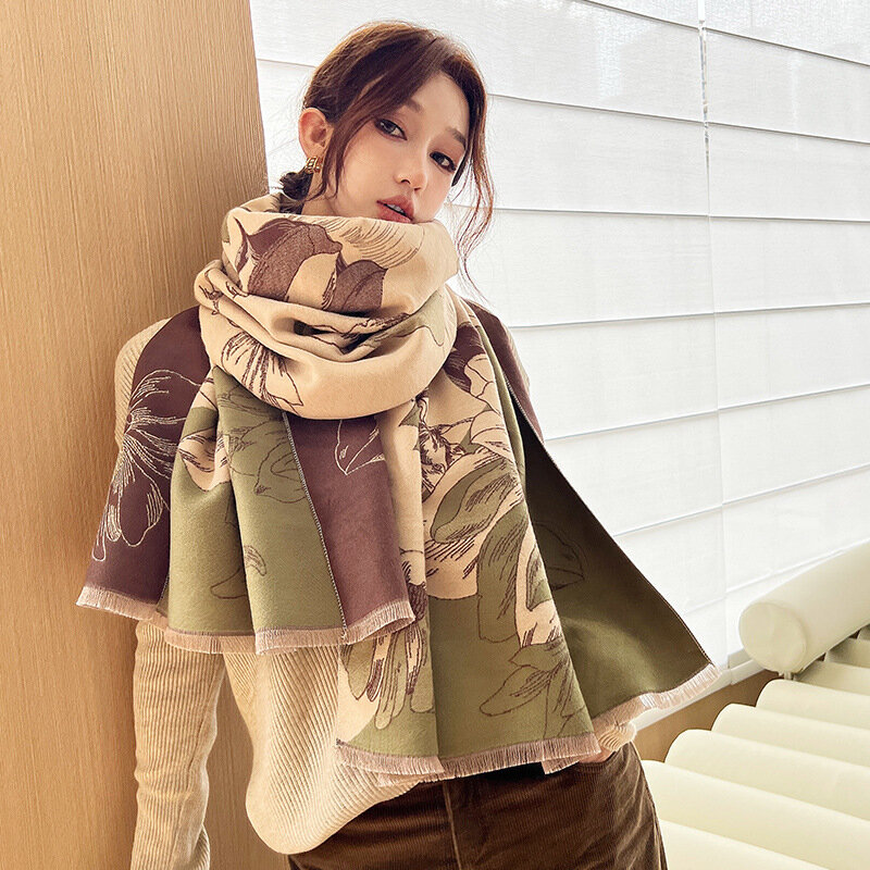 ผ้าแคชเมียร์อบอุ่นดีไซน์ใหม่ปอนโชผ้าพันคอ Sablon Bunga หรูผ้าพาชมินาผ้าคลุมไหล่สำหรับเดินทางในฤดูหนาว