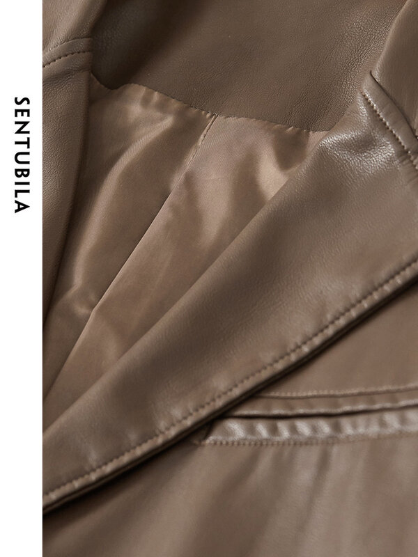Sentubila-Casaco de couro PU com bolsos grandes, jaqueta bomber single breasted, casaco de lapela simples, moda retrô, primavera, W41G52633, 2024