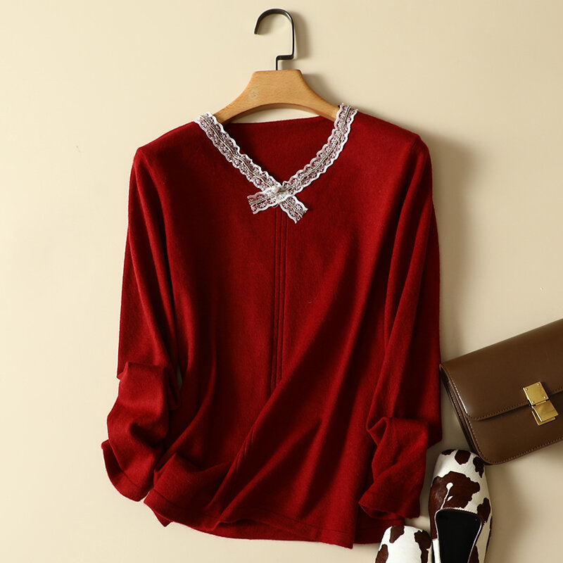 Lace Patchwork Knitted Red Women Sweater Pullovers Autumn New 2022 Solid V-Neck Elegant Office Lady Outwear Tops