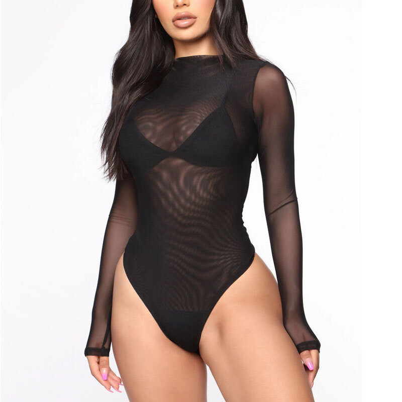Women's Sexy Bodysuit See-through Mesh Lingerie Solid Color Long Sleeve Jumpsuits Ultra-thin Elastic Breath Lingerie Erotic Wear
