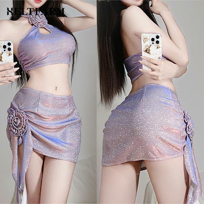 Purple Sexy Fashion Floral Sleeveless Vest A-Line Skirt Two-Piece Set For Women