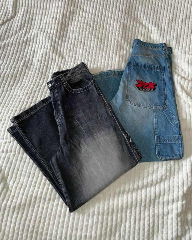 Celana Jeans hitam Harajuku bordir, celana jins ketat pinggang tinggi Retro grafik lebar 3pm, celana jins warna hitam Harajuku untuk pria dan wanita