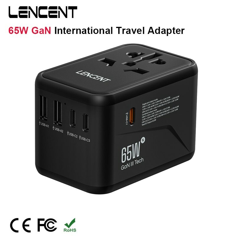 LENCENT 65W/100W GaN International Travel Adapter with 2USB 3 Type C GaN Fast Charging Adapter with EU AU US UK Plug for Travel