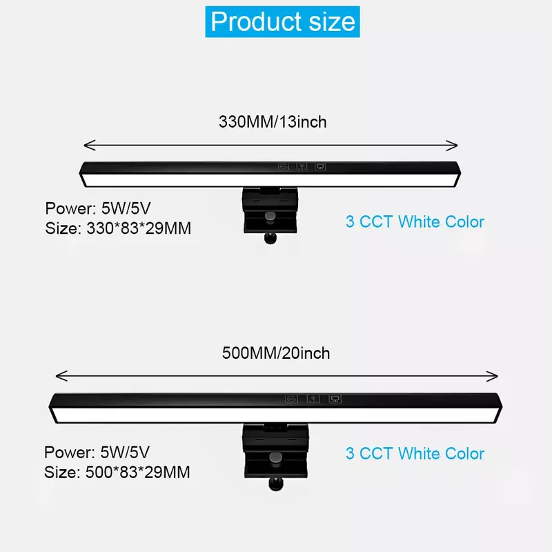 スクリーンバー付きLEDモニターライト,3 CCT調光ランプ,5W, 330mm, 500mm, 13in, 20インチ,5v