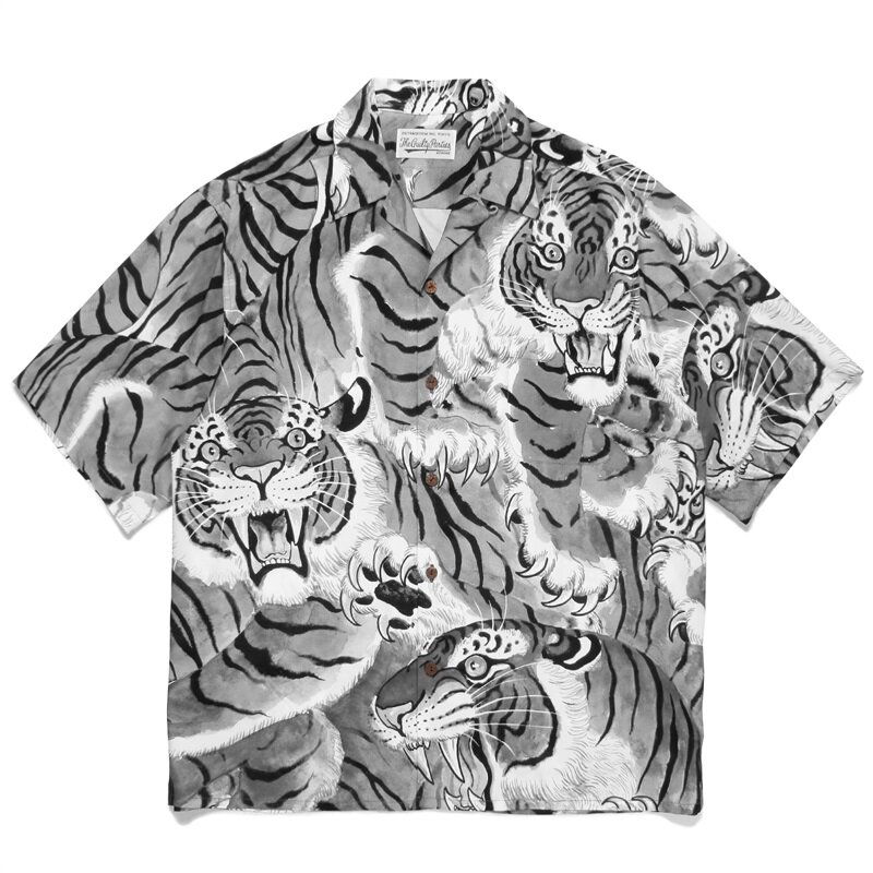 WACKO MARIA Camisa de manga curta para homens e mulheres, estampa tigre vintage, alta qualidade, pescoço cubano 1:1, casual solto