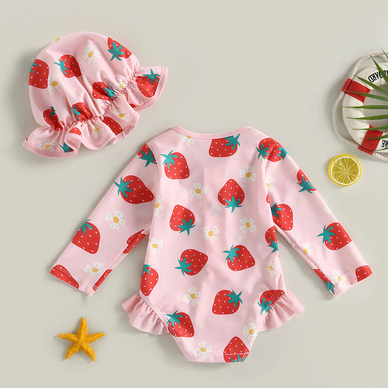 VISgogo Toddler Girl Rash Guard Swimsuit Set Summer Long Sleeve Strawberry Print Bathing Suit + Sun Hat Infant Newborn Swimwear