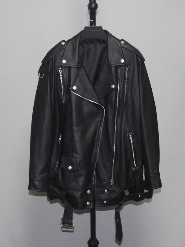 Cappotto allentato primavera autunno da donna giacca in vera pelle di montone giacca a vento motociclista motociclista nero Plus Oversize XXXL 3XL
