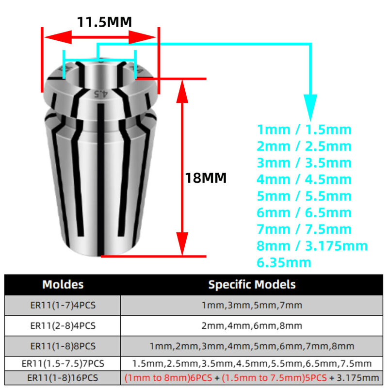 Accuracy 0.008 ER11 Collet Chuck Engraving machine spring Collets 1-7mm 8mm CNC Spindle ER Tool Holder AA ER11 Nuts Chuck