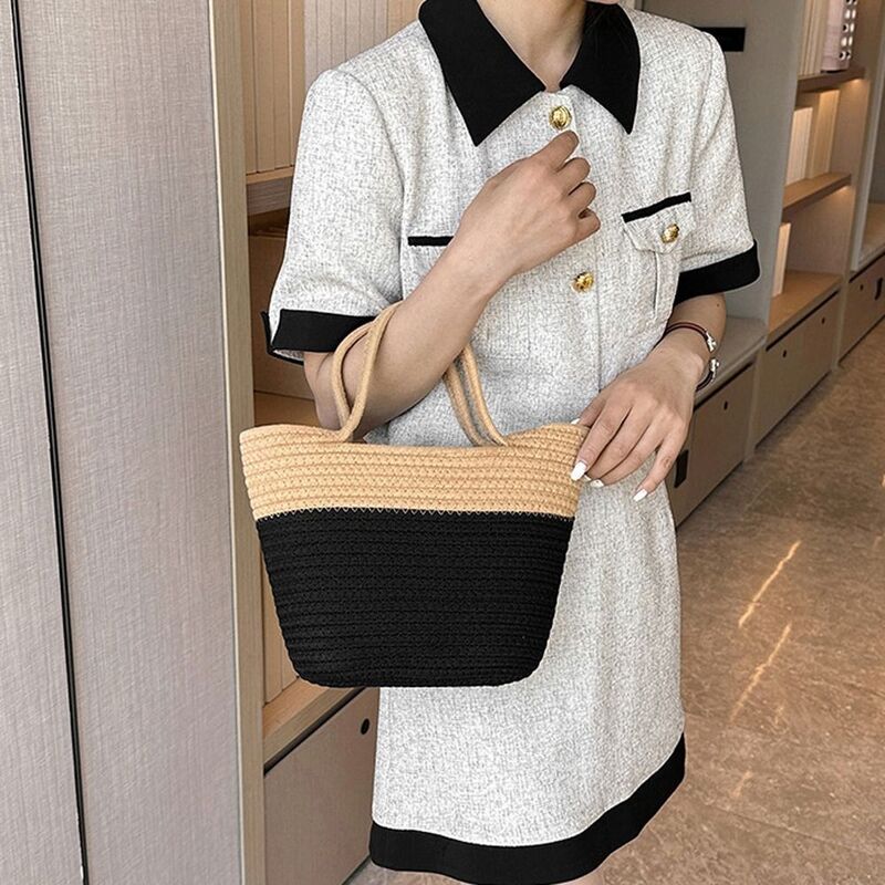 Torba typu Bucket Patchwork damska torba z grubej bawełny o dużej pojemności w stylu koreańskim Ins splot torebka duża torba na nadgarstek Streetwear