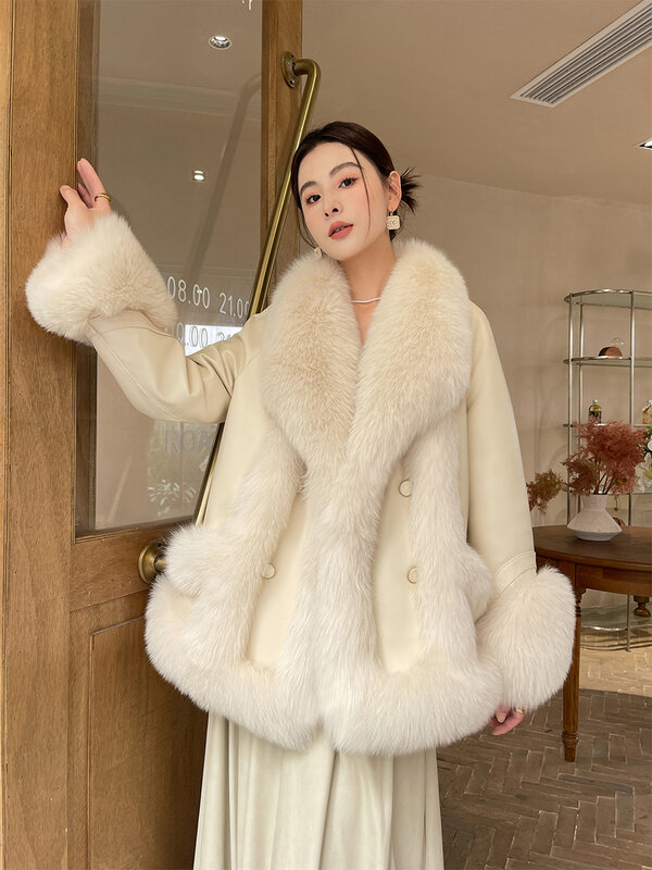 Temperament Fox Fur Stitching Sheepskin Furry Coat for Women 2023 Winter New Mid-Length Large Lapel Goose Down Coat Female