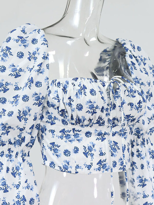 NewAsia-Top Floral para mujer, Blusa blanca con cuello cuadrado, manga larga abullonada, fruncida, con cordón, para fiesta, Otoño, 2020