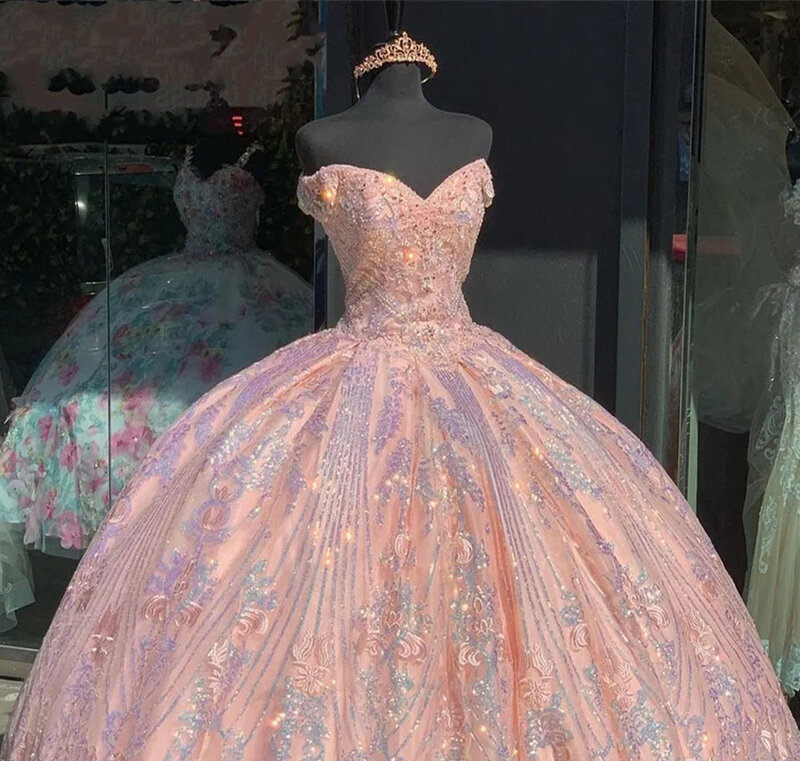 Розовое бальное платье Quinceanera с открытыми плечами Сверкающее кружево вышитое бисером милое 16 платья 15 лет мексиканское