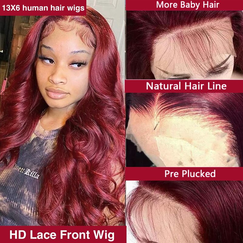 Perruque Lace Front Wig naturelle ondulée, cheveux humains, couleur rouge bordeaux 99J, 13x6, pre-plucked