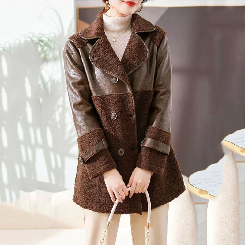 여성용 양털 가죽 재킷, 두꺼운 가을 겨울 따뜻한 PU 가죽 코트, 긴 여성 세트 칼라 퍼 원 트렌치 코트, 5XL, 신제품