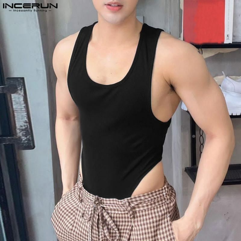 INCERUN-body sin mangas para hombre, pijama de Color sólido con cuello redondo, Sexy, para Fitness, ropa de calle, camisetas sin mangas, S-5XL, 2023