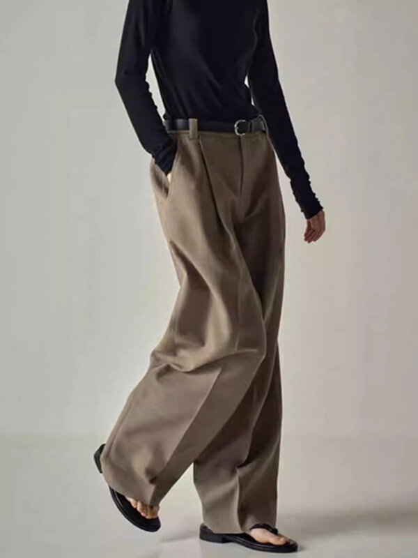 LANMREM-Pantalon large en laine minimaliste pour femme, pantalon de bureau taille haute, mode féminine, printemps, nouveau, fjFemale, 26D8021, 2024