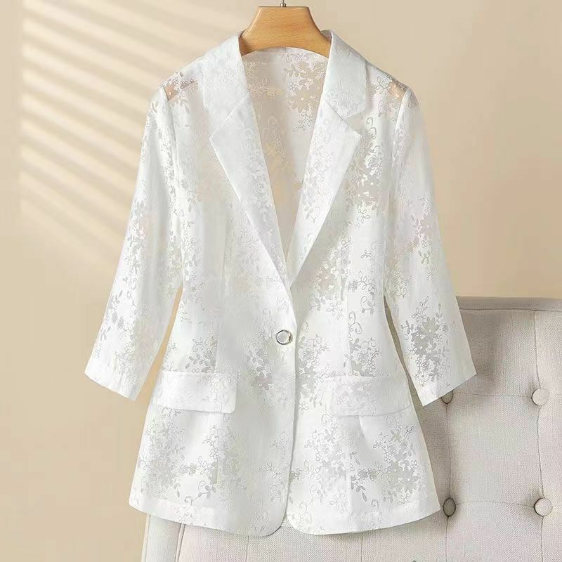 2024 Summer Thin Lace Jacket 3/4 Sleeve Embroidered Small Suit Women's Short Coat Slim Fit Elegant Hollow Out Tops B10
