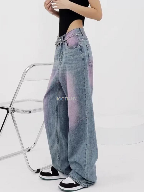 Letnie nowe barwione w sprayu Graffiti z wysoką talią prosta rurka szerokie nogawki spodnie dla kobiet główna ulica dżinsy Vintage casualowych kontrastowych spodni