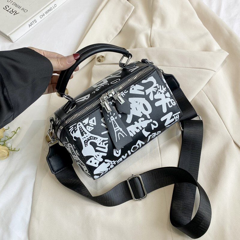 Bolso de mano con grafiti y letras de marca para mujer, pequeño bolso cuadrado, bandolera de hombro ajustable, bolso de cuero Pu plateado para mujer