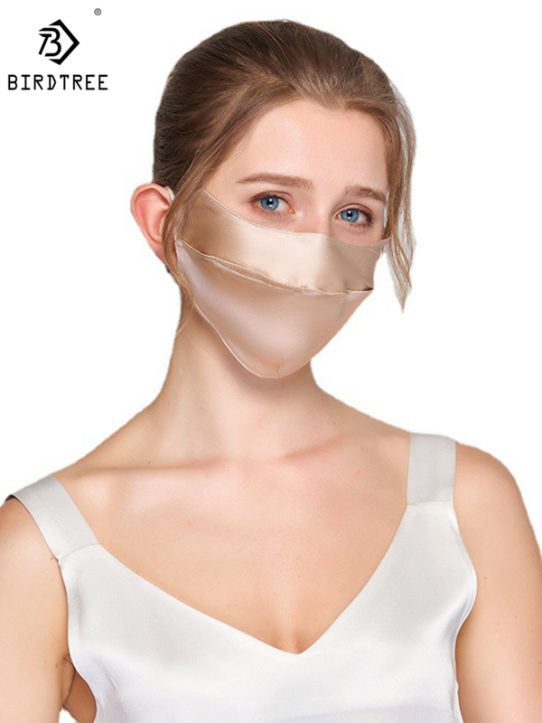 Birdtree 100% penutup wajah sutra asli wanita, masker besar pelindung matahari dapat disesuaikan gantung telinga, masker bernapas musim panas untuk wanita A43857QM
