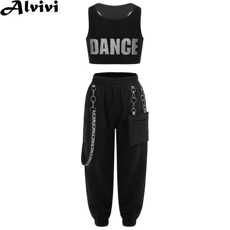 Kinder Mädchen Jazz Dance Performance Kleidung Ärmelloses Racer Back Crop Top mit Jogginghose Hiphop Street Dance Outfits Sportswear