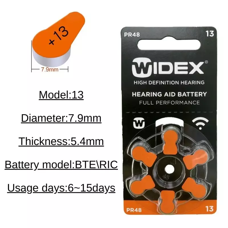 Pudełko z aparatem słuchowym Widex o rozmiarze 13 A13 13A pomarańczowe PR48 cynkowe powietrze (60 ogniw baterii)