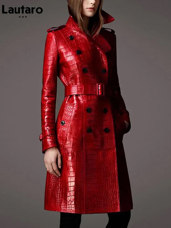 Lauraro Jas Hujan Kulit Motif Buaya Merah Panjang Musim Gugur untuk Wanita Sabuk Berkancing Dua Baris Elegan Gaya Inggris Fashion 2021