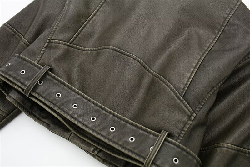 Jaqueta de couro sintético de PU com cinto, vintage, solta, curta, streetwear, feminina, zíper, retrô, moto, casaco de motociclista, outwear