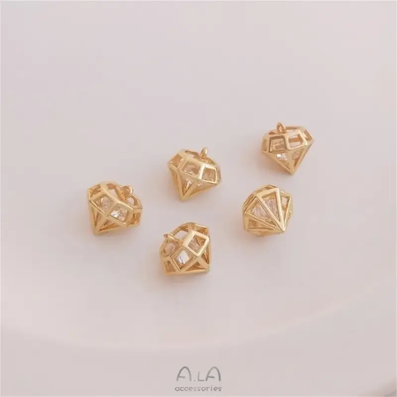 14K Genuine Gold Diamond Shape Bag, Handmade Zircon Pingente, DIY Pulseira, Brincos, Colar, Charme Jóias, K294