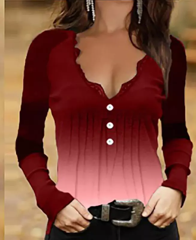 Pakaian wanita musim panas 2023 kaus Pullover warna gradien leher V rendah Fashion kaus lengan panjang elegan atasan warna polos
