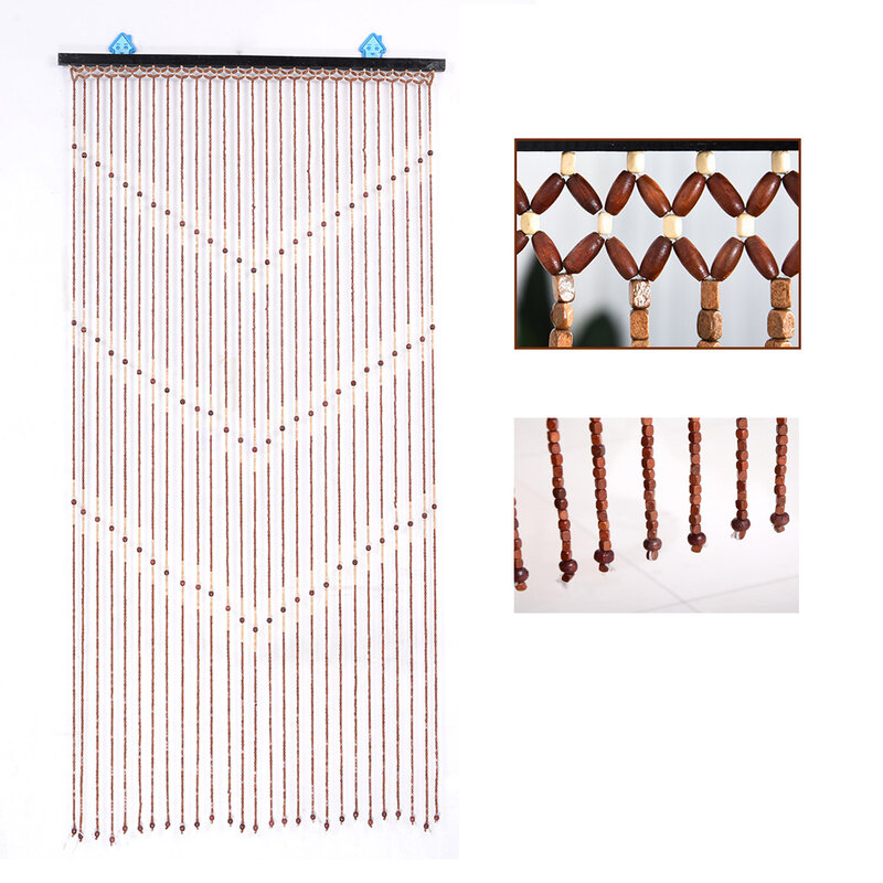 Door Decoration Curtain with Rod Wood Bamboo Beads Handmade Hook Type String Wave Tassel Drape Partition Curtain Divider