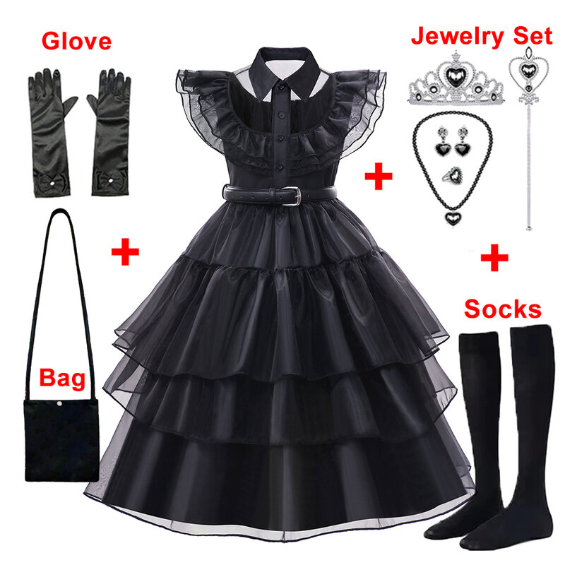Kostium Wednesday dla 3-12T dziewczyny karnawał Halloween czarne imprezy sukienka Cosplay moda gotycka wieczorowe ubrania imprezowe dla dzieci