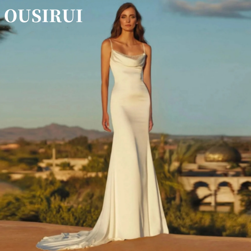 OUSIRUI Wedding Dress Open Back Court Train Floor Length Bridal Gown Square-Neck Sleeveless Beaded Lace Mermaid Custom Made