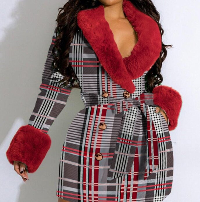 Женское зимнее пальто с длинным рукавом, элегантное клетчатое пальто с пушистой отделкой, двубортный пояс, модная повседневная куртка, пальто