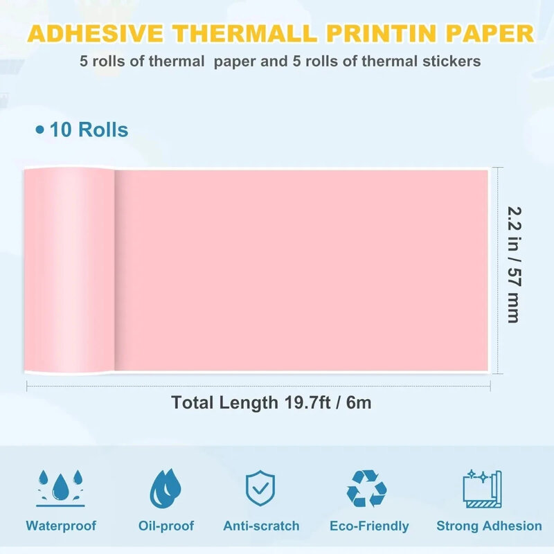 Sticky Receipt Paper Rolls para Mini Impressora de Bolso, POS Papers, Impressora Térmica Paper Rolls, Cores Brancas, 10 Rolls, 2.2in x 19ft
