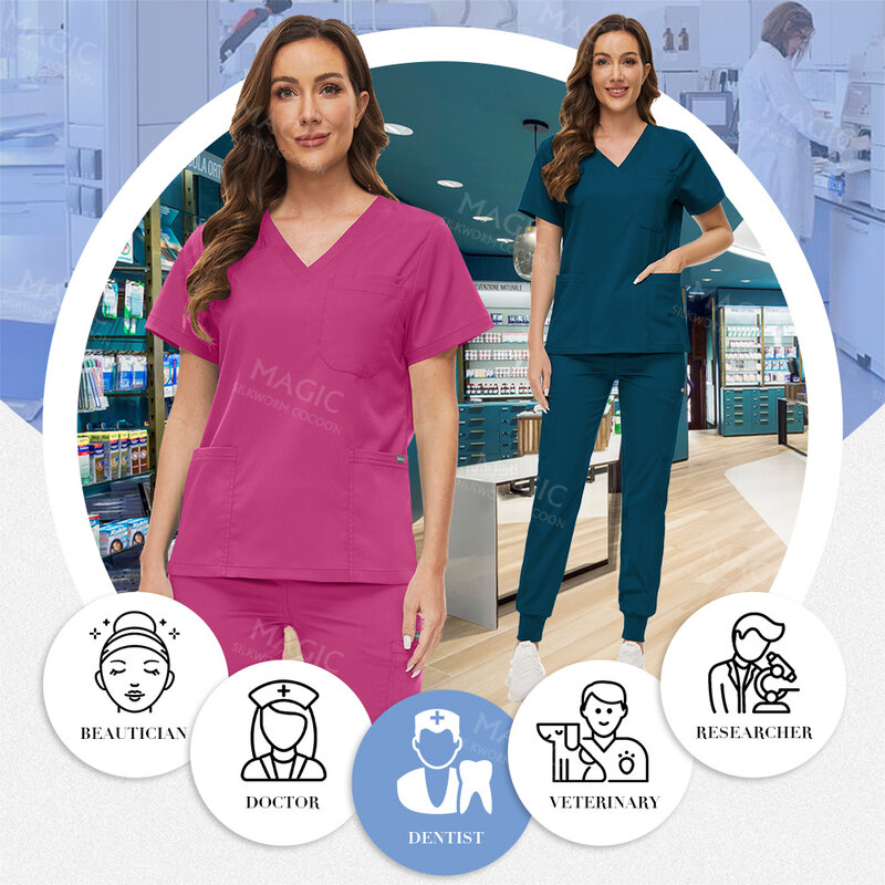 Uniformi multicolori per saloni di bellezza abbigliamento da lavoro da laboratorio Scrubs accessori per infermiere tute da jogging classiche con scollo a v uniformi mediche da donna