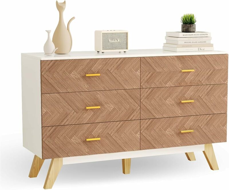 Wooden Dresser with 6 Deep Drawers, 6 Chest of Drawers Double Dressers, Modern Storage Cabinet for Bedroom, Living Room, Hallway