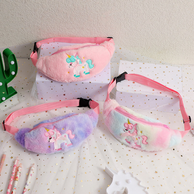 Mini riñoneras con diseño de unicornio para niñas, bolsos de cinturón de hombro de moda, riñonera de felpa de dibujos animados, bolso de pecho cruzado de aspecto alto