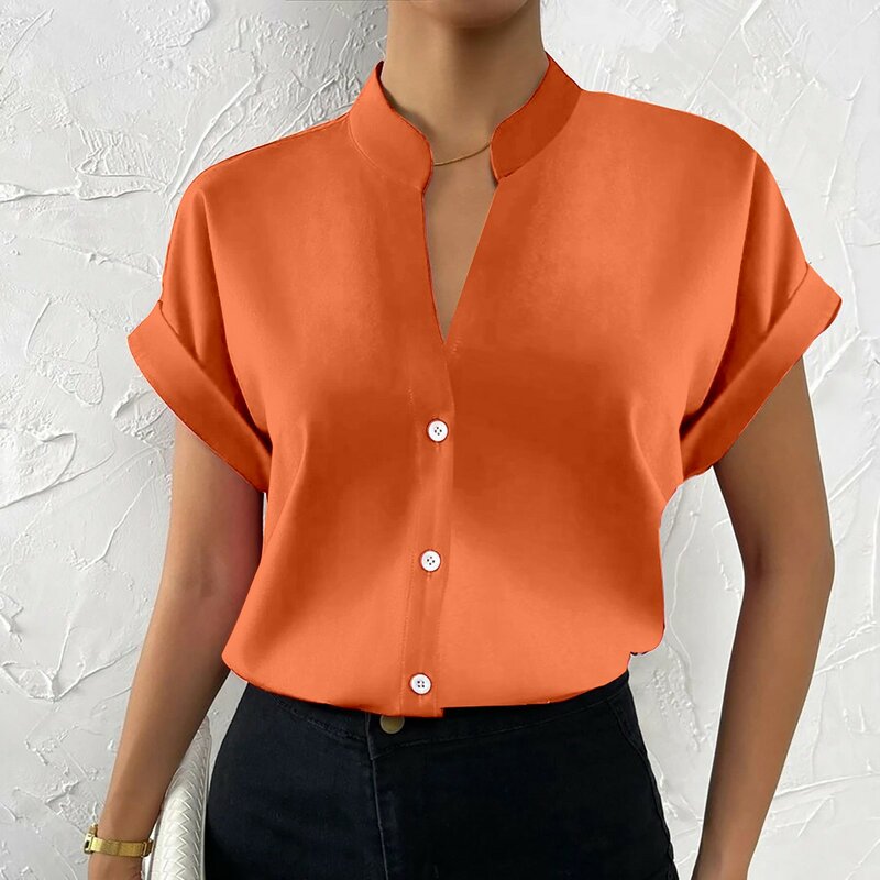 Sommer minimalist isches Damen hemd mit V-Ausschnitt 2024 elegantes Damen-Satin-Kurzarm-Einreiher-Büro hemd mit lässiger Passform