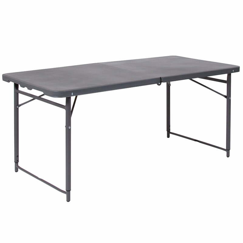 4-Foot Height Adjustable Bi-Fold Brown Dark Gray Plastic Folding Table with Carrying Handle