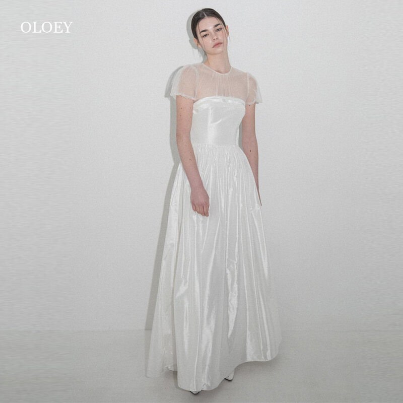 Oloey-シンプルウェディングドレス,Aライン,韓国のウェディングドレス,半袖,ラウンドネック,床の長さ,ガウン,写真撮影,ヴィンテージ